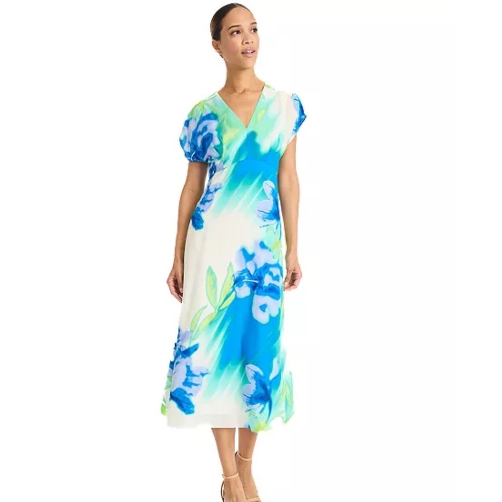 Maggy London Floral Midi Dress Womens 2 NWT Blue Green Chiffon V-Neck MSRP $138